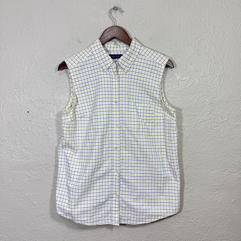 Vtg 90s 100% Cotton Tank Top L Button Vest Plaid Yellow Blue Gingham Check Prep